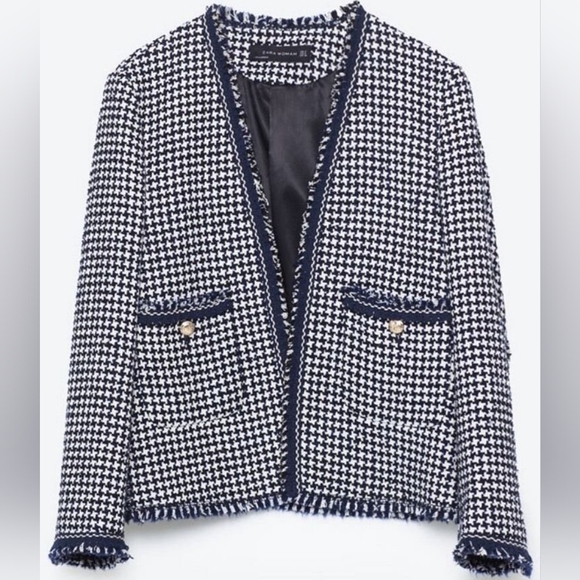 Zara Tweed Houndstooth Open Front Raw Edge Blazer - Picture 1 of 14